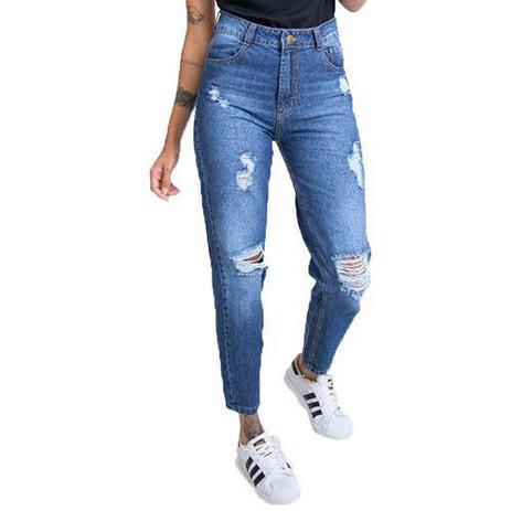 calça mom destroyed feminina