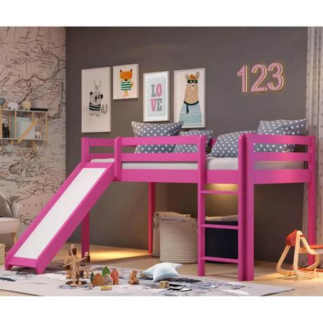 Cama Alta Kids com Escorregador em Madeira Maciça Rosa - Casatema Menor preço em Cama Alta Kids com Escorregador em Madeira Maciça Rosa - Casatema