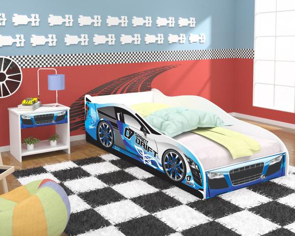 Cama Carro Drift Solteiro com Criado Mudo - Azul / Branco - RPM Móveis Menor preço em Cama Carro Drift Solteiro com Criado Mudo - Azul / Branco - RPM Móveis