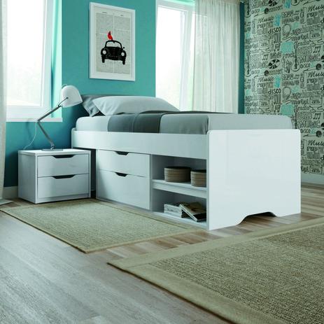 Cama de Solteiro com 2 Gavetas Nichos e Criado Mudo em MDF Conect Santos Andirá Branco Menor preço em Cama de Solteiro com 2 Gavetas Nichos e Criado Mudo em MDF Conect Santos Andirá Branco