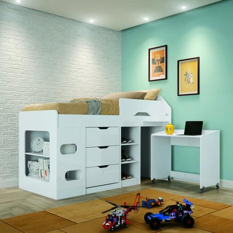 Cama de Solteiro com Escrivaninha 3 Gavetas e Nichos em MDF Sleep Conect Santos Andirá Branco Menor preço em Cama de Solteiro com Escrivaninha 3 Gavetas e Nichos em MDF Sleep Conect Santos Andirá Branco