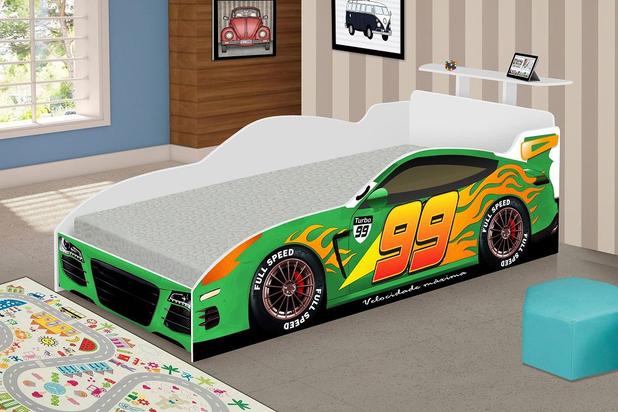 Cama Infantil Carro de Corrida Verde Branca - Puga Móveis Menor preço em Cama Infantil Carro de Corrida Verde Branca - Puga Móveis