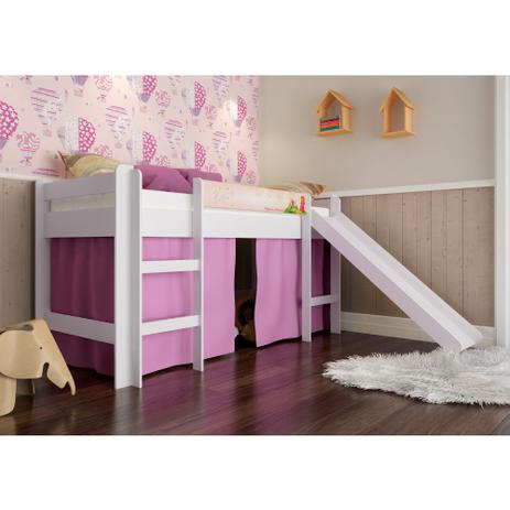 Cama Infantil com Escorregador e Cortina Rosa - Branco - Completa móveis Menor preço em Cama Infantil com Escorregador e Cortina Rosa - Branco - Completa móveis