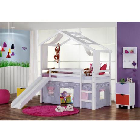 Cama Infantil com Escorregador, Telhado V, Xale e Tenda Castelo Lilás - Laca Branco Casatema Menor preço em Cama Infantil com Escorregador, Telhado V, Xale e Tenda Castelo Lilás - Laca Branco Casatema