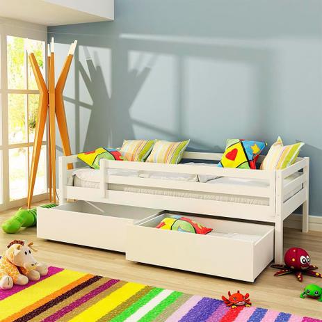 Cama Infantil Prime com 2 Gavetões e Grade De Proteção - Madeira Maciça - Laca Branco - Casatema Menor preço em Cama Infantil Prime com 2 Gavetões e Grade De Proteção - Madeira Maciça - Laca Branco - Casatema