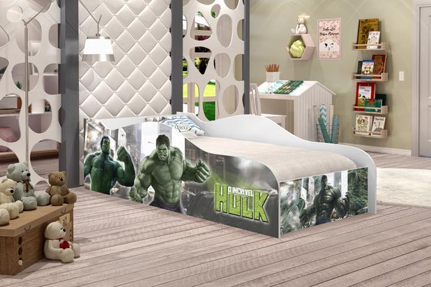 Cama Solteiro Hulk com colchão, quarto para menino - Moveis print Menor preço em Cama Solteiro Hulk com colchão, quarto para menino - Moveis print