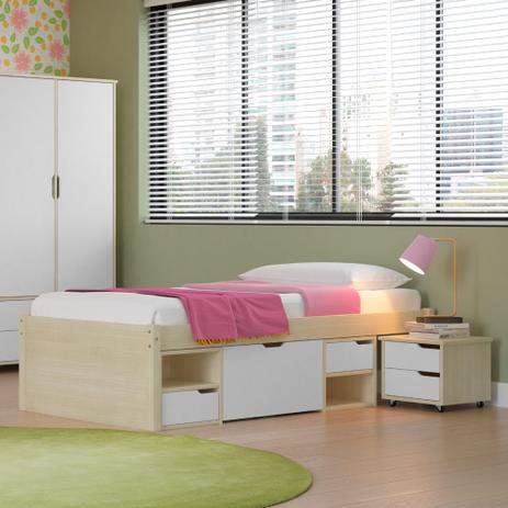 Cama Solteiro Multifuncional Charme Criado, Nichos e Gavetas - Natural/ Branco - Inter link Menor preço em Cama Solteiro Multifuncional Charme Criado, Nichos e Gavetas - Natural/ Branco - Inter link