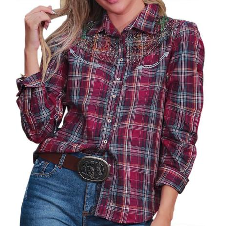 camisa xadrez feminina azul e branca