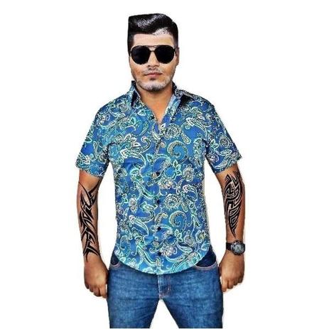 camisa floral azul masculina