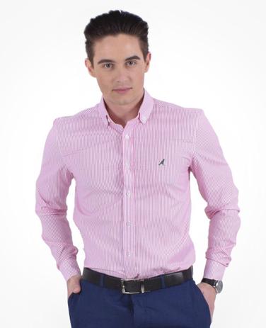 Camisa Social Listrada Masculina Slim Rosa - Hórus oficial Menor preço em Camisa Social Listrada Masculina Slim Rosa - Hórus oficial