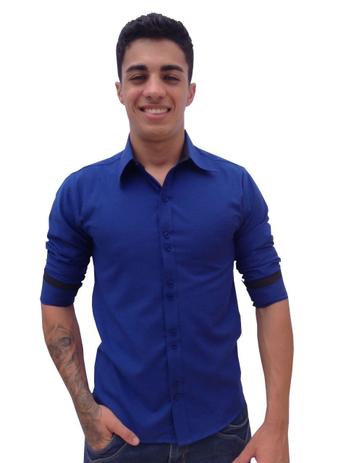 camisa social masculina manga longa azul royal