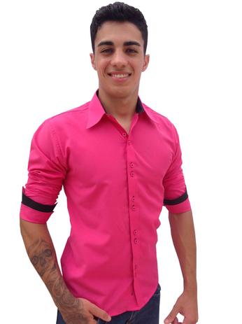 camisa social rosa manga curta