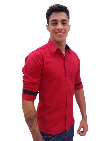 Camisa Social Masculina Manga Longa Slim Botões Duplo Vermelha M14-6 - U.s born Menor preço em Camisa Social Masculina Manga Longa Slim Botões Duplo Vermelha M14-6 - U.s born