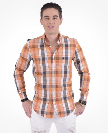 Camisa Xadrez Masculina Slim Social Estampada Laranja - Hórus oficial Menor preço em Camisa Xadrez Masculina Slim Social Estampada Laranja - Hórus oficial