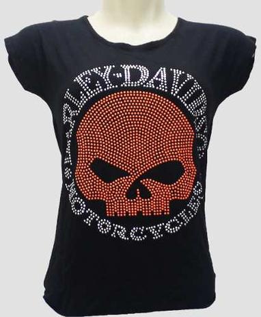 Menor preço em Camiseta Babylook Harley Davidson Caveira Moto Feminino Strass - Motos