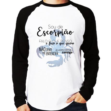 Camiseta Raglan Sou de Escorpião Manga Longa - Branco - Foca na Moda Menor preço em Camiseta Raglan Sou de Escorpião Manga Longa - Branco - Foca na Moda