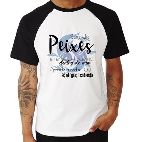 Camiseta Raglan Sou de Peixes - Branco - Foca na Moda Menor preço em Camiseta Raglan Sou de Peixes - Branco - Foca na Moda