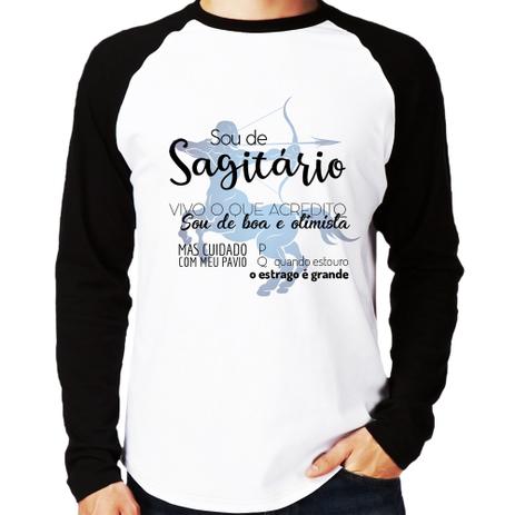 Camiseta Raglan Sou de Sagitário Manga Longa - Branco - Foca na Moda Menor preço em Camiseta Raglan Sou de Sagitário Manga Longa - Branco - Foca na Moda