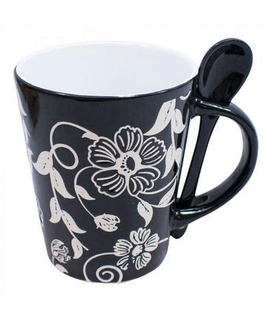 Caneca Porcelana Preta Colher Flores 360ml - Produtos infinity presentes Menor preço em Caneca Porcelana Preta Colher Flores 360ml - Produtos infinity presentes