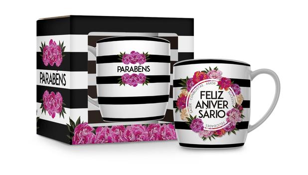 Caneca porcelana urban 360ml - feliz aniversário floral - Brasfoot Menor preço em Caneca porcelana urban 360ml - feliz aniversário floral - Brasfoot