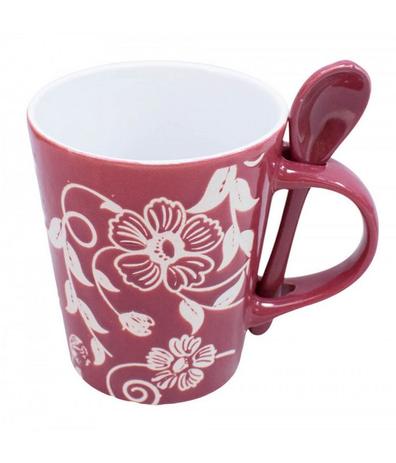 Caneca Porcelana Vermelha Colher Flores 360ml - Produtos infinity presentes Menor preço em Caneca Porcelana Vermelha Colher Flores 360ml - Produtos infinity presentes