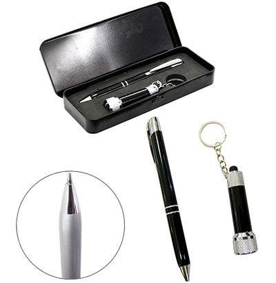 Caneta esferográfica azul 1.0 mm de alumínio e chaveiro lanterna - Rio master Menor preço em Caneta esferográfica azul 1.0 mm de alumínio e chaveiro lanterna - Rio master