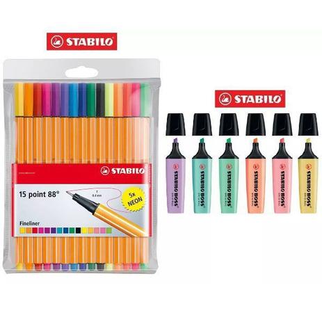 Caneta Stabilo Point 88 C/15 + KIT 6 Marca Texto Pastel Menor preço em Caneta Stabilo Point 88 C/15 + KIT 6 Marca Texto Pastel