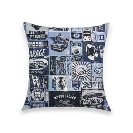 Capa para Almofada em Tecido Jacquard Estampado Automotivo Garagem Retrô Azul Menor preço em Capa para Almofada em Tecido Jacquard Estampado Automotivo Garagem Retrô Azul