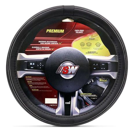 Capa Protetora de Volante Premium Stit Preto Com Costura Branca Universal - Sw Menor preço em Capa Protetora de Volante Premium Stit Preto Com Costura Branca Universal - Sw