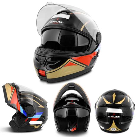 Capacete Escamoteável Robocop Shutt ThurderBird Preto com Dourado Vermelho e Azul com Viseira Solar Menor preço em Capacete Escamoteável Robocop Shutt ThurderBird Preto com Dourado Vermelho e Azul com Viseira Solar