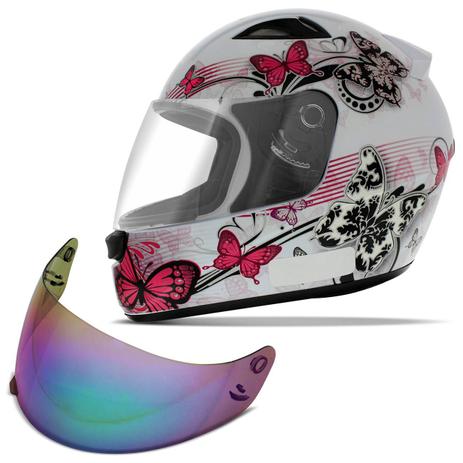Capacete Fechado EBF New Spark Borboletas Branco e Rosa + Viseira Camaleão Colorida - Ebf capacetes Menor preço em Capacete Fechado EBF New Spark Borboletas Branco e Rosa + Viseira Camaleão Colorida - Ebf capacetes