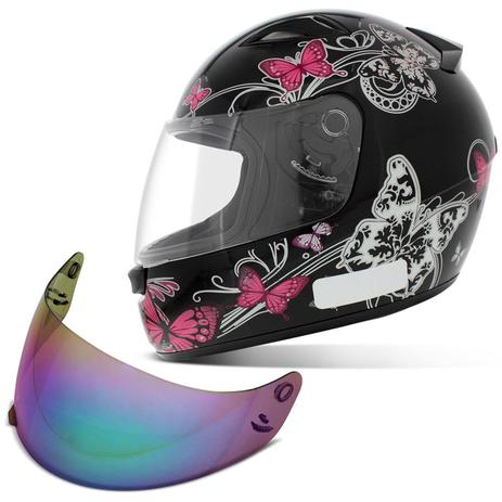 Capacete Fechado EBF New Spark Borboletas Preto Rosa e Branco + Viseira Camaleão Colorida - Ebf capacetes Menor preço em Capacete Fechado EBF New Spark Borboletas Preto Rosa e Branco + Viseira Camaleão Colorida - Ebf capacetes