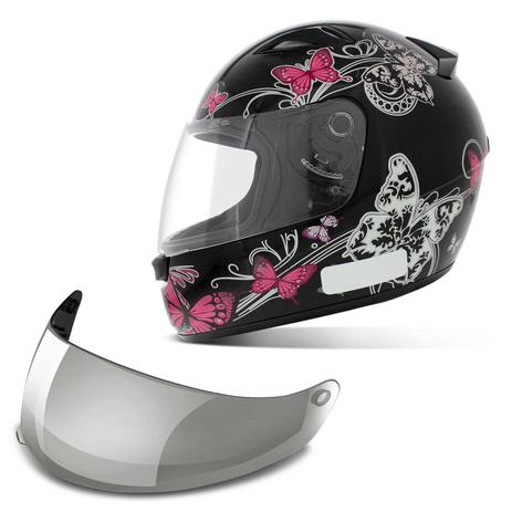 Capacete Fechado EBF New Spark Borboletas Preto Rosa e Branco + Viseira Cromada - Ebf capacetes Menor preço em Capacete Fechado EBF New Spark Borboletas Preto Rosa e Branco + Viseira Cromada - Ebf capacetes