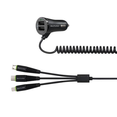 Carregador Automotivo 3 em 1 Type C + IPhone + Micro USB com 2 Portas USB 3,4A Preto Multilaser - CB140 Menor preço em Carregador Automotivo 3 em 1 Type C + IPhone + Micro USB com 2 Portas USB 3,4A Preto Multilaser - CB140