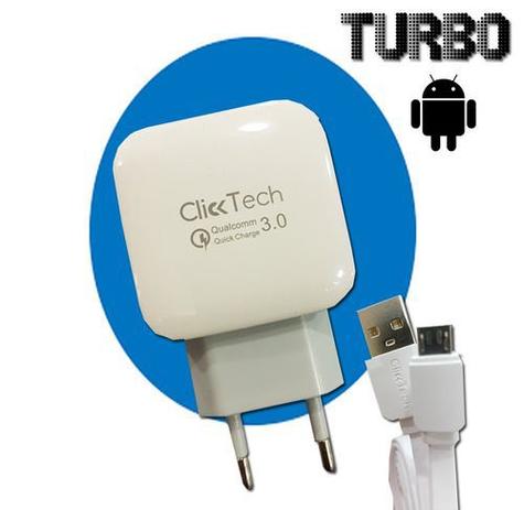 Carregador Celular Ultra Rápido Turbo 3.0 18w Clicktech Bco - CLICK TECH Menor preço em Carregador Celular Ultra Rápido Turbo 3.0 18w Clicktech Bco - CLICK TECH