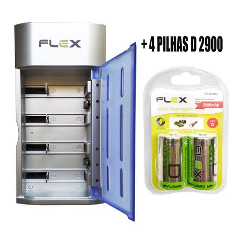 Carregador de Pilhas Flex AA AAA C D Baterias 9v Led com 4 Pilhas D 2900 mAh Recarregáveis Universal FX-C06 Menor preço em Carregador de Pilhas Flex AA AAA C D Baterias 9v Led com 4 Pilhas D 2900 mAh Recarregáveis Universal FX-C06