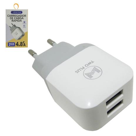 Carregador de tomada bivolt carga rapida com 2 saidas usb 4.8a - Two Plus Menor preço em Carregador de tomada bivolt carga rapida com 2 saidas usb 4.8a - Two Plus