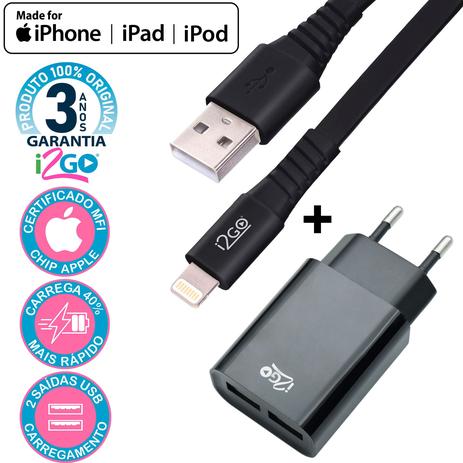 Carregador Turbo iPhone 2,4A + Cabo MFI Lightning Chip Original Apple 1,2m Preto i2GO Menor preço em Carregador Turbo iPhone 2,4A + Cabo MFI Lightning Chip Original Apple 1,2m Preto i2GO