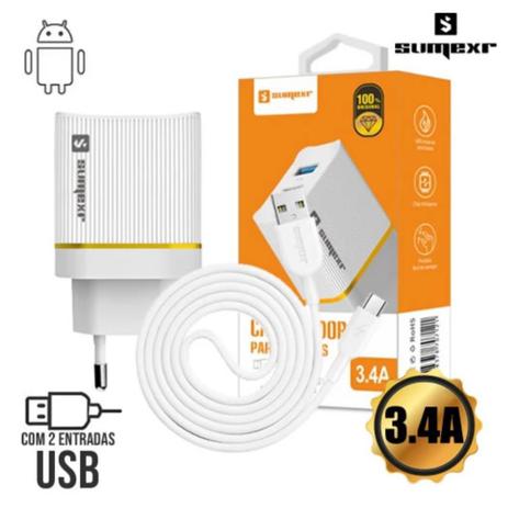 Carregador Universal de Tomada 2 USB 3.4A + Cabo MicroUSB 1m - Sumexr Menor preço em Carregador Universal de Tomada 2 USB 3.4A + Cabo MicroUSB 1m - Sumexr