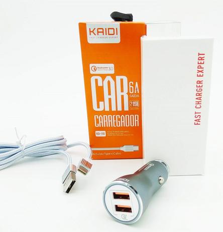 Carregador Veicular + Cabo Usb Tipo-C Potente 2 Saída Usb 6A Kaidi KD-110 Menor preço em Carregador Veicular + Cabo Usb Tipo-C Potente 2 Saída Usb 6A Kaidi KD-110