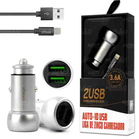 Carregador Veicular Liga de Zinco Auto ID de 2 USB 3.6A Cabo Para IOS Xtrad - A1036 Menor preço em Carregador Veicular Liga de Zinco Auto ID de 2 USB 3.6A Cabo Para IOS Xtrad - A1036