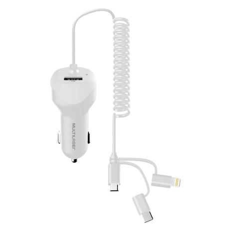 Carregador Veicular Multilaser 12/24V Cabo Espiral Micro USB USB-C Lightning CB128 Menor preço em Carregador Veicular Multilaser 12/24V Cabo Espiral Micro USB USB-C Lightning CB128