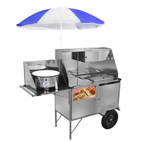 Carrinho 3 em 1 Cefaz Hot Dog Lanche e Salgado Luxo Inox Rodas Pneumáticas e Guarda Sol L28P/GS Menor preço em Carrinho 3 em 1 Cefaz Hot Dog Lanche e Salgado Luxo Inox Rodas Pneumáticas e Guarda Sol L28P/GS