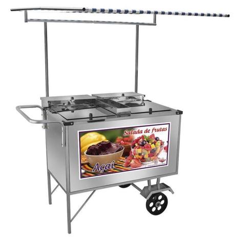 Carrinho Ambulante Salada de frutas + Açaí Luxo Inox com Rodas Maciças e Toldo L17M/T Cefaz Menor preço em Carrinho Ambulante Salada de frutas + Açaí Luxo Inox com Rodas Maciças e Toldo L17M/T Cefaz