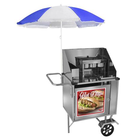 Carrinho de Hot Dog Cefaz Simples Inox Rodas Maciças e Guarda Sol S07M/GS Menor preço em Carrinho de Hot Dog Cefaz Simples Inox Rodas Maciças e Guarda Sol S07M/GS