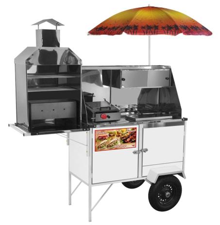 Carrinho de Hot Dog + Lanche + Churrasco Luxo com Rodas Pneumáticas e Guarda Sol - Cefaz Menor preço em Carrinho de Hot Dog + Lanche + Churrasco Luxo com Rodas Pneumáticas e Guarda Sol - Cefaz