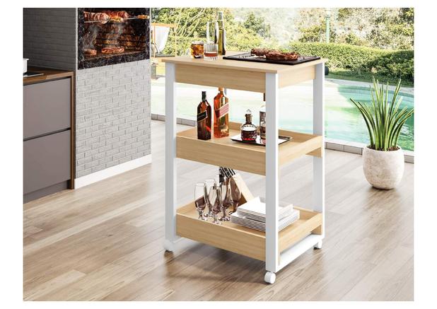 Carrinho Gourmet Bar Multiuso com Rodízios - Branco/Madeirado - Mobili Menor preço em Carrinho Gourmet Bar Multiuso com Rodízios - Branco/Madeirado - Mobili