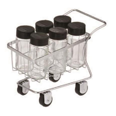Carrinho Porta Temperos com 6 Vidros de Tampas Pretas - Cromado Menor preço em Carrinho Porta Temperos com 6 Vidros de Tampas Pretas - Cromado