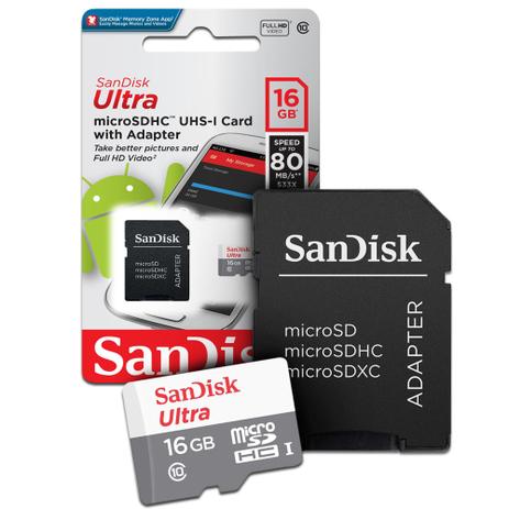Cartão de Memoria 16gb Micro sd CL10 80mb/s Ultra SDSQUNS Sandisk Menor preço em Cartão de Memoria 16gb Micro sd CL10 80mb/s Ultra SDSQUNS Sandisk