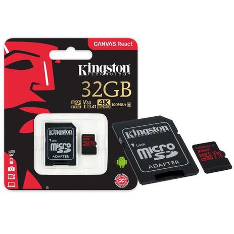 Cartão de Memória 32GB Classe 10 Kingston SDCR/32GB Micro SDHC 100R/80W UHS-I U3 V30 Canvas React Menor preço em Cartão de Memória 32GB Classe 10 Kingston SDCR/32GB Micro SDHC 100R/80W UHS-I U3 V30 Canvas React